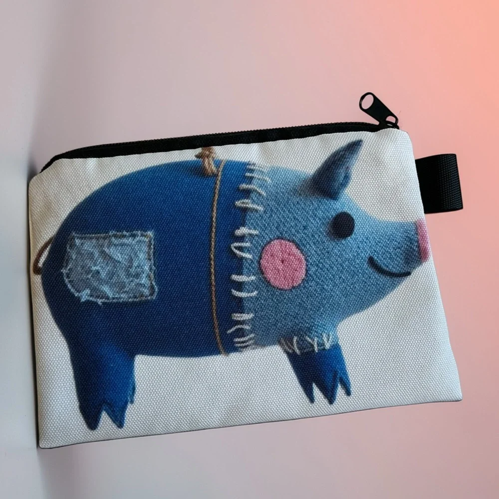 Blue Pig Zipper Pouch Cosmetic Bag Coin Purse Makeup Case NWT
